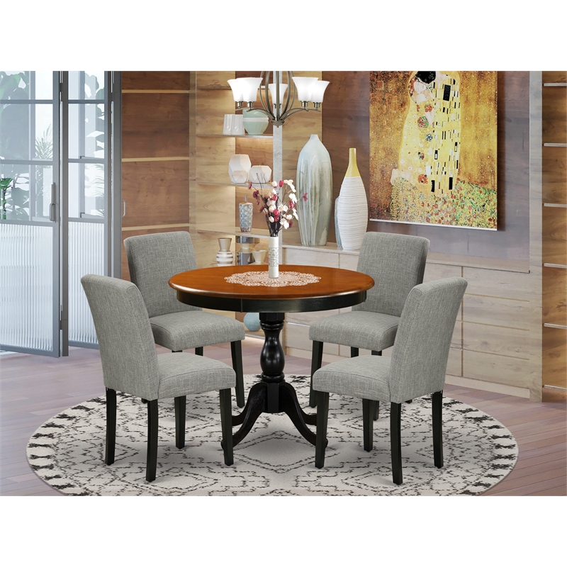East West Furniture Dining Table and 4 Shitake Linen Fabric Chairs in Black