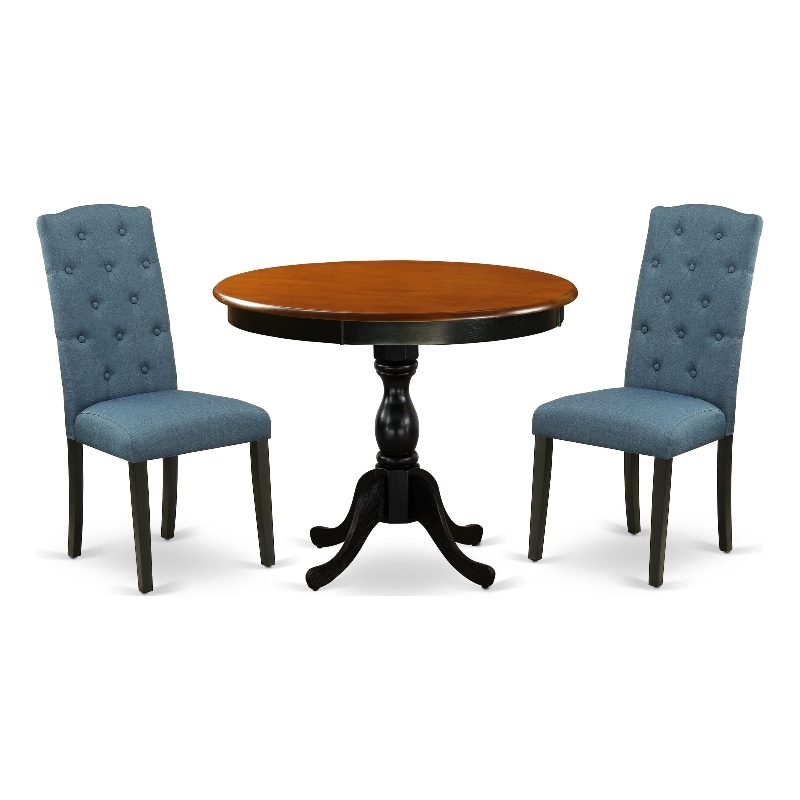 AMCE3-BCH-21 - Dinner Table and 2 Blue Linen Fabric Chairs - Black Finish