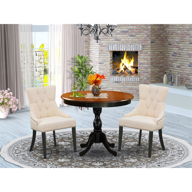 AMFR3-BCH-02 Kitchen Table and 2 Light Beige Linen Fabric Chair - Black Finish
