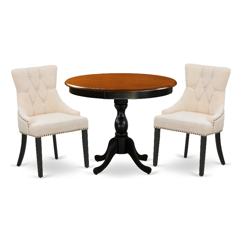 AMFR3-BCH-02 Kitchen Table and 2 Light Beige Linen Fabric Chair - Black Finish