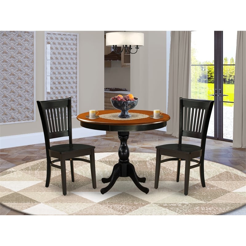 AMVA3-BCH-W - Dining Table and 2 Modern Chairs with Slatted Back - Black Finish