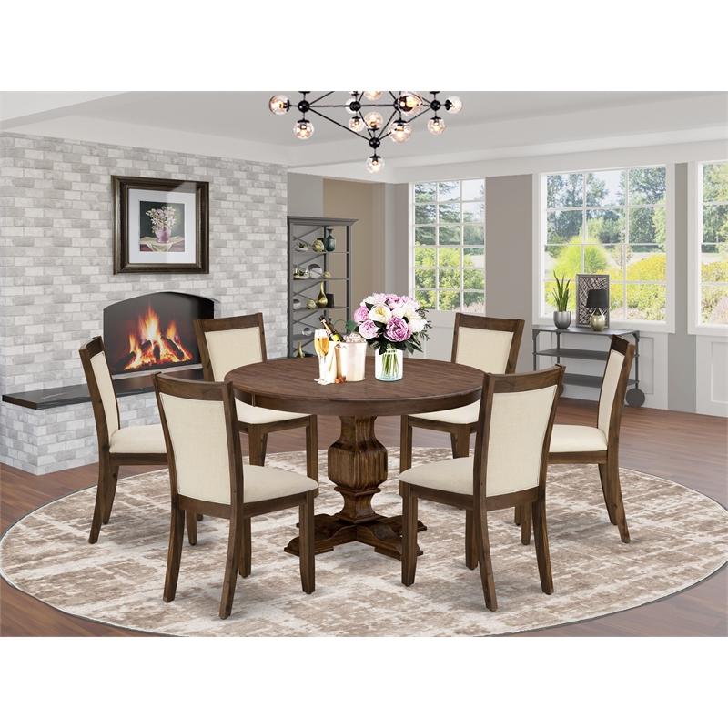 East West Furniture 7PC Dining Set in Light Beige Linen Fabric/Antique Walnut