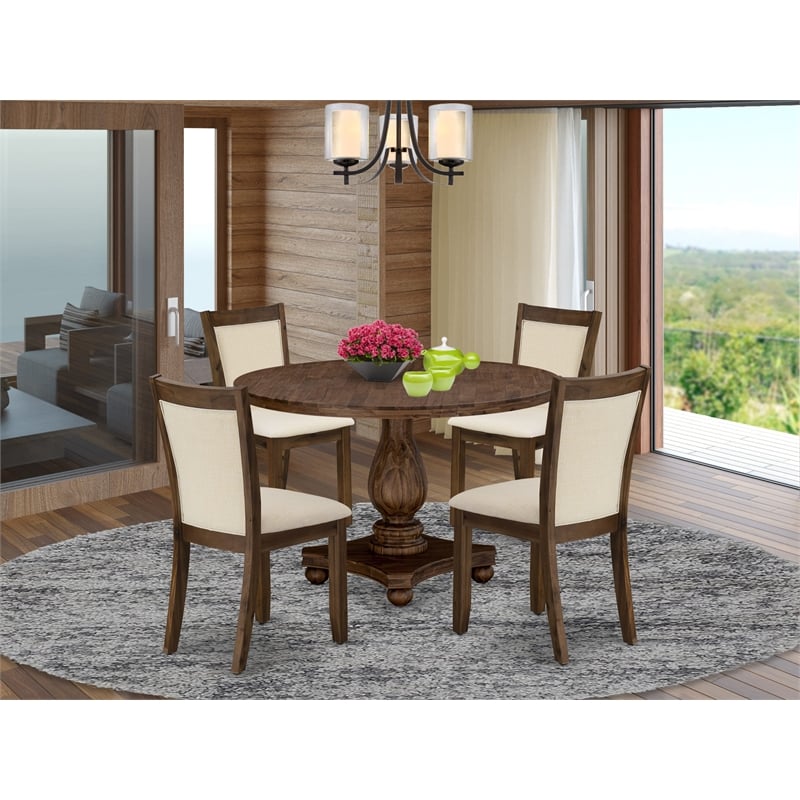 I2MZ5-NN-32 - Table and 4 Light Beige Linen Fabric Chairs - Antique Walnut Base