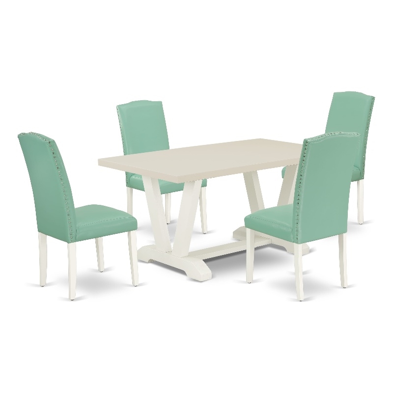 V026EN257-5 - Wood Table and 4 Pond PU Leather Chairs - Linen White Finish