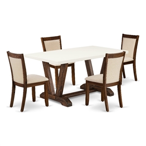 East West Furniture Dining Table and 4 Light Beige Chairs in Distressed Jacobean