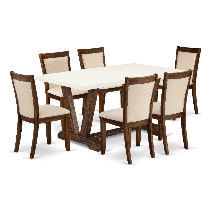 East West Furniture V-Style 7PC Dining Set in Light Beige/Distressed Jacobean