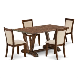East West Furniture Dining Table and 4 Light Beige Chairs in Distressed Jacobean