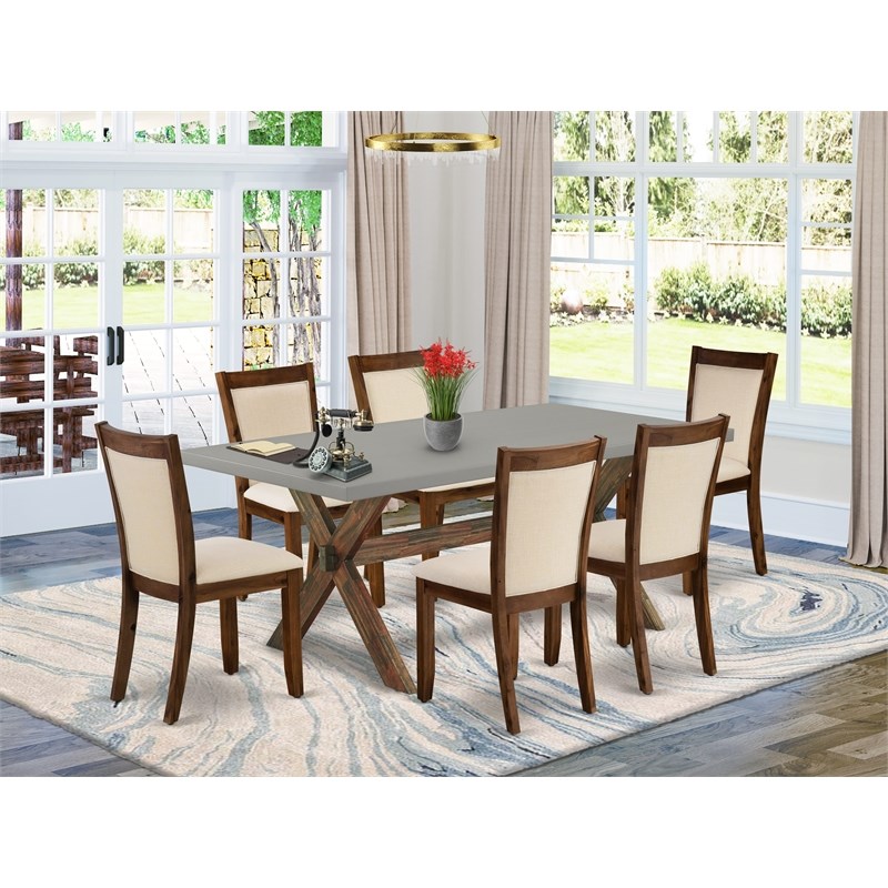 X797MZN32-7 Dining Table and 6 Light Beige Chairs - Distressed Jacobean Finish