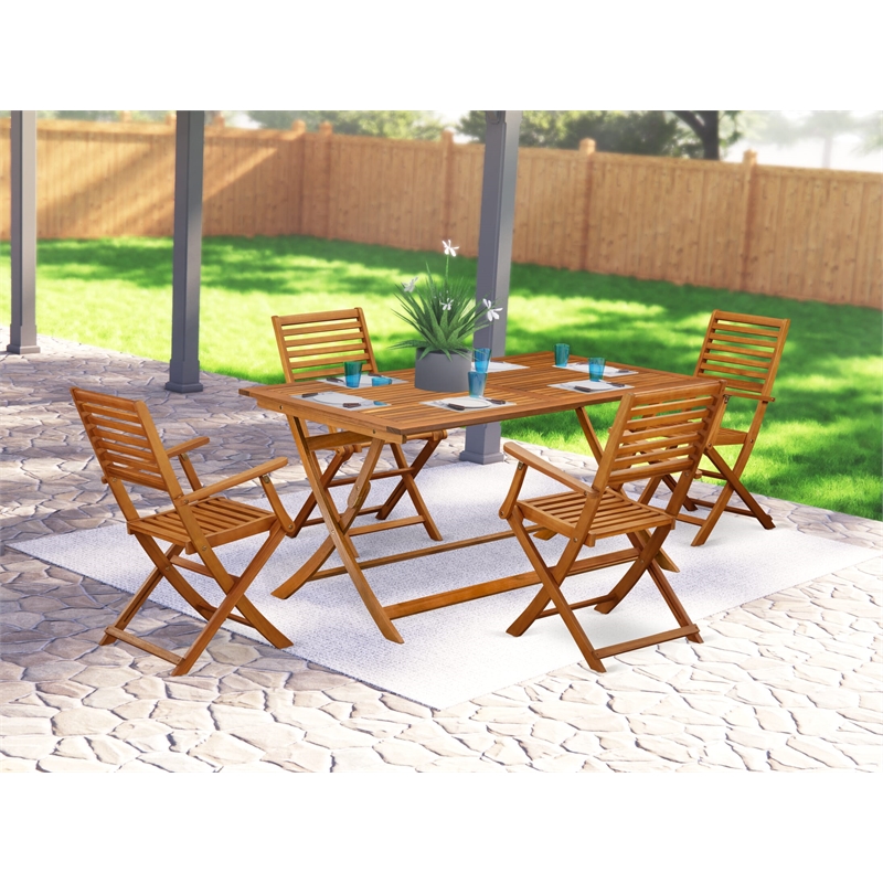 East West Furniture Wood Patio Table with 4 Lawn Armchairs- Natural Oil Finish