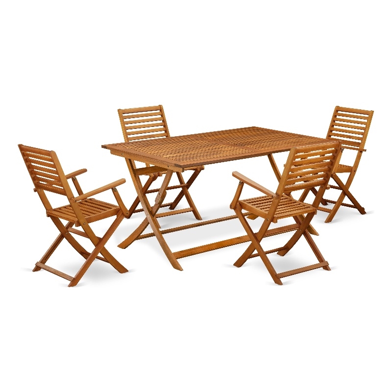 East West Furniture Wood Patio Table with 4 Lawn Armchairs- Natural Oil Finish