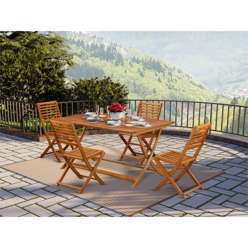 East West Furniture Bistro Table with 4 Arms Less Folding Chairs - Natural Oil