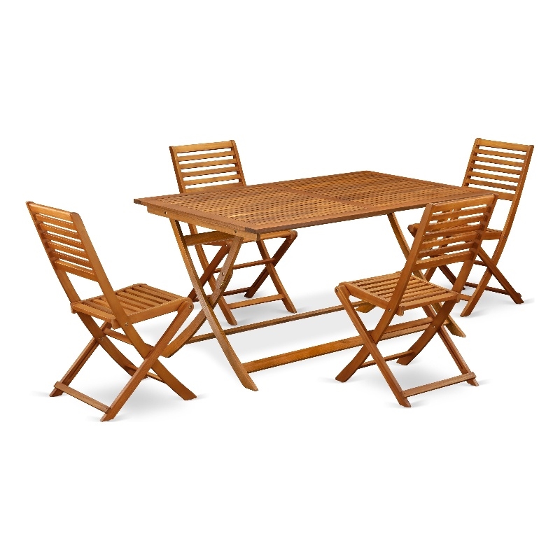 East West Furniture Bistro Table with 4 Arms Less Folding Chairs - Natural Oil
