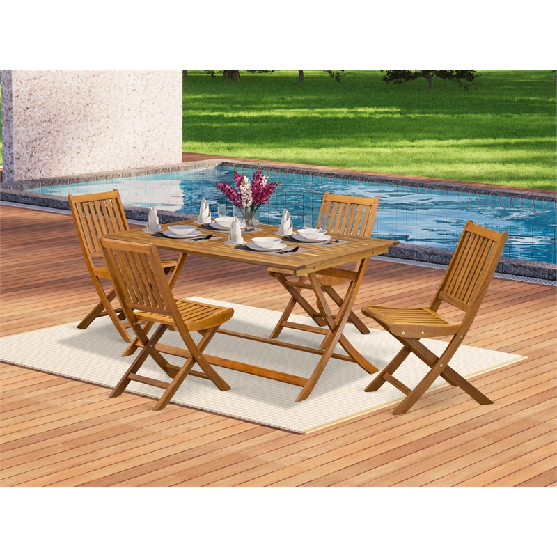 East West Furniture Outdoor Table with 4 Arms Less Lawn Chair in Natural Oil