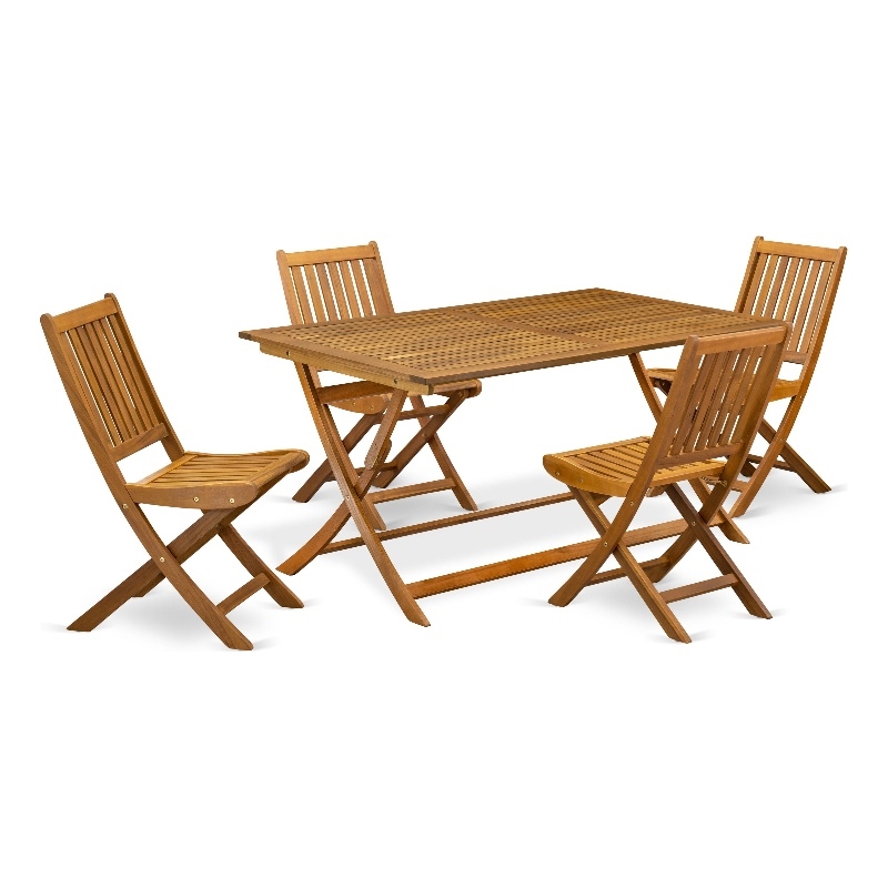 East West Furniture Outdoor Table with 4 Arms Less Lawn Chair in Natural Oil