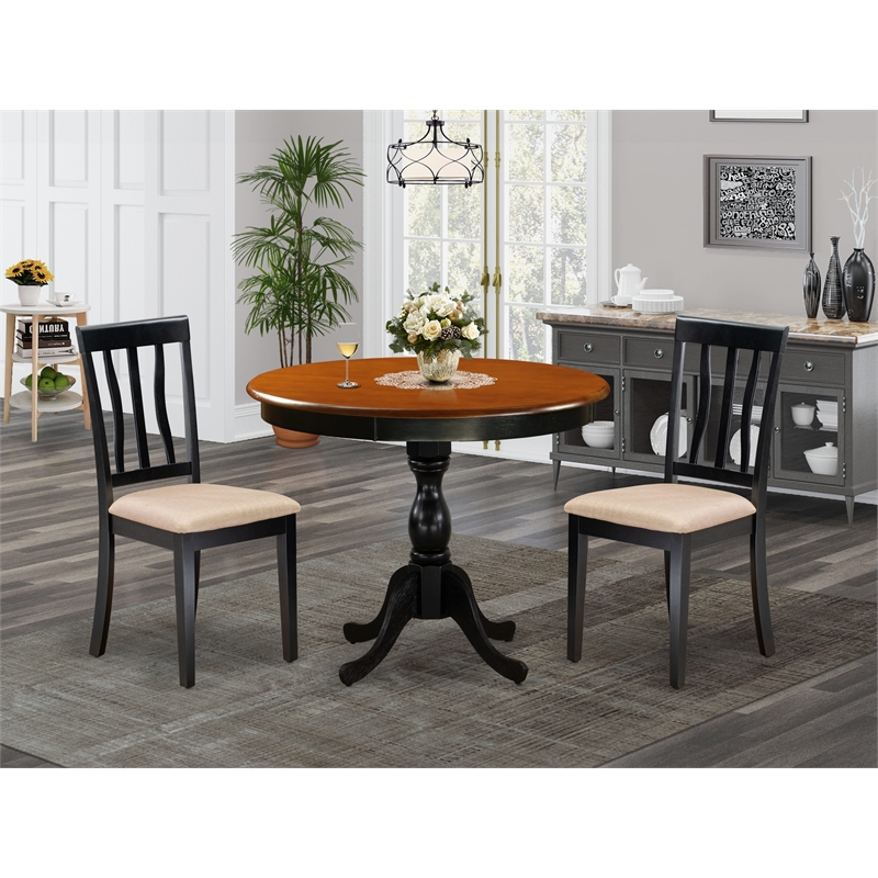 AMAN3-BCH-C - Dining Table and 2 Linen Fabric Mid Century Chairs - Black Finish