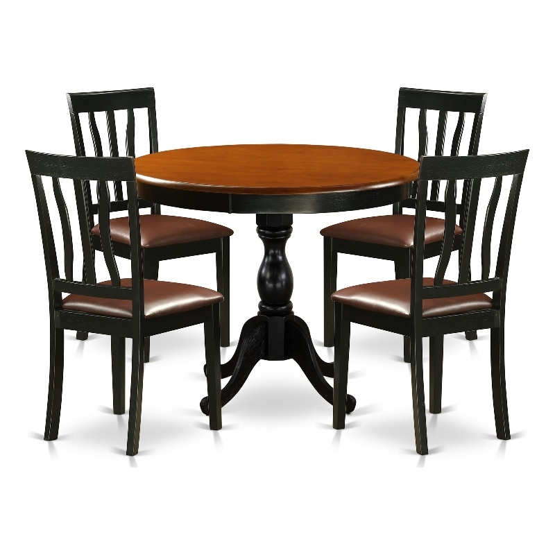 East West Furniture Dining Table and 4 Faux Leather Kitchen Chairs in Black