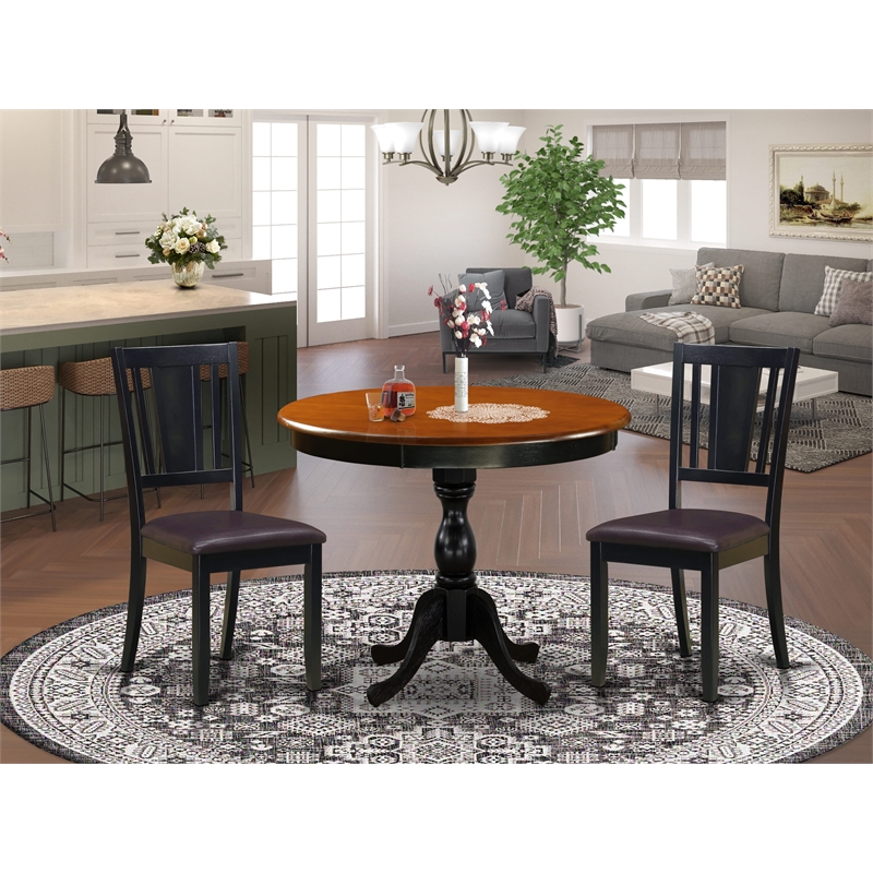 AMDU3-BCH-LC - Dining Table and 2 Faux Leather Dining Chairs - Black Finish