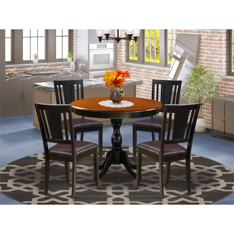 East West Furniture Dining Table and 4 Faux Leather Dining Chairs in Black