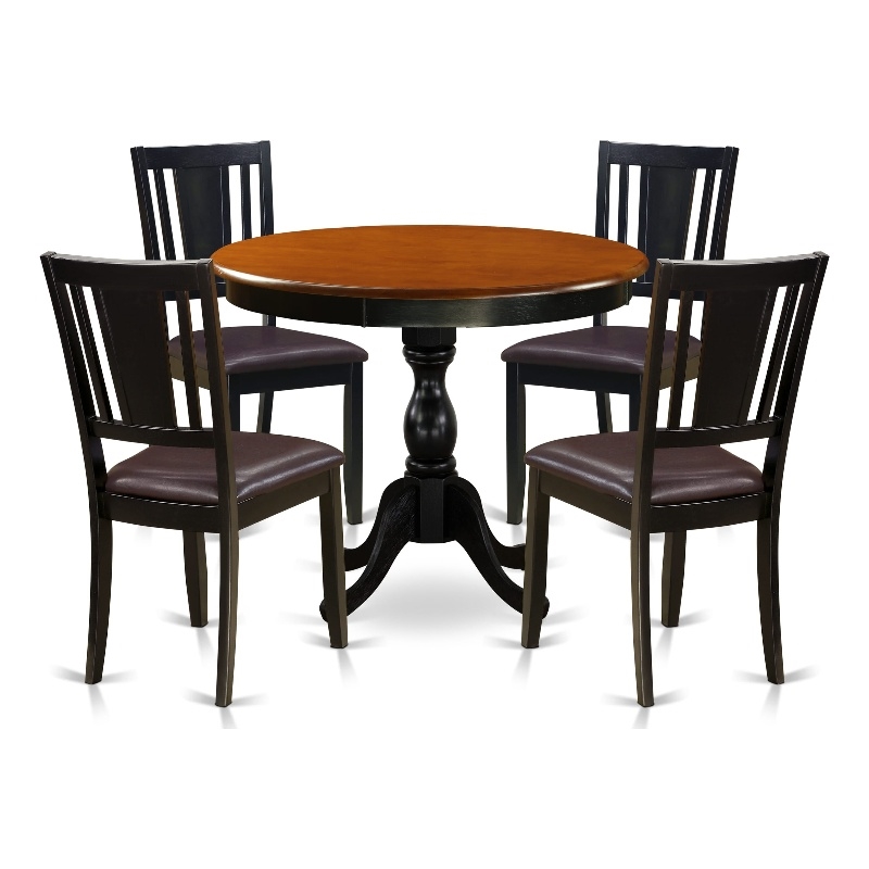 East West Furniture Dining Table and 4 Faux Leather Dining Chairs in Black