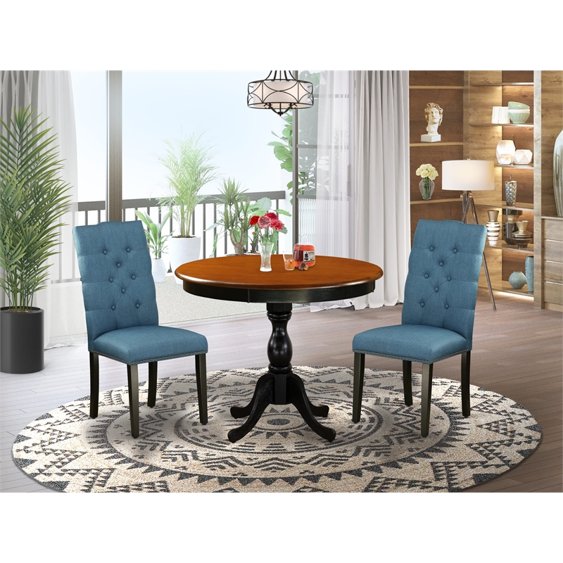 AMEL3-BCH-21 Dining Table and 2 Blue Linen Fabric Parson Chairs - Black Finish