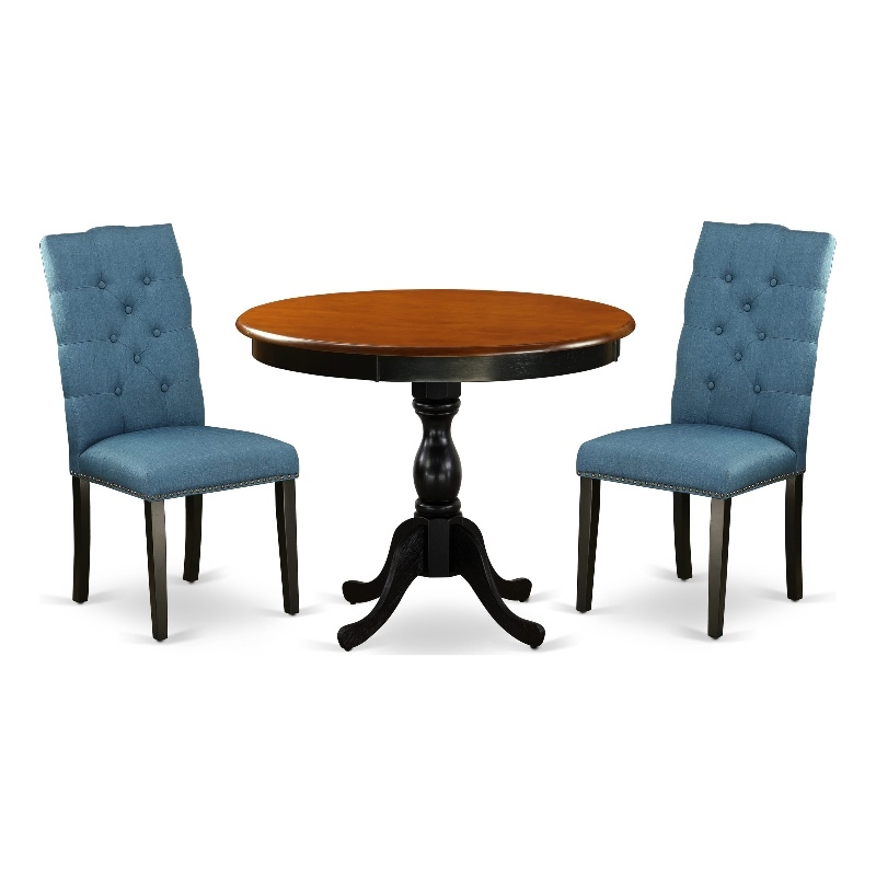 AMEL3-BCH-21 Dining Table and 2 Blue Linen Fabric Parson Chairs - Black Finish