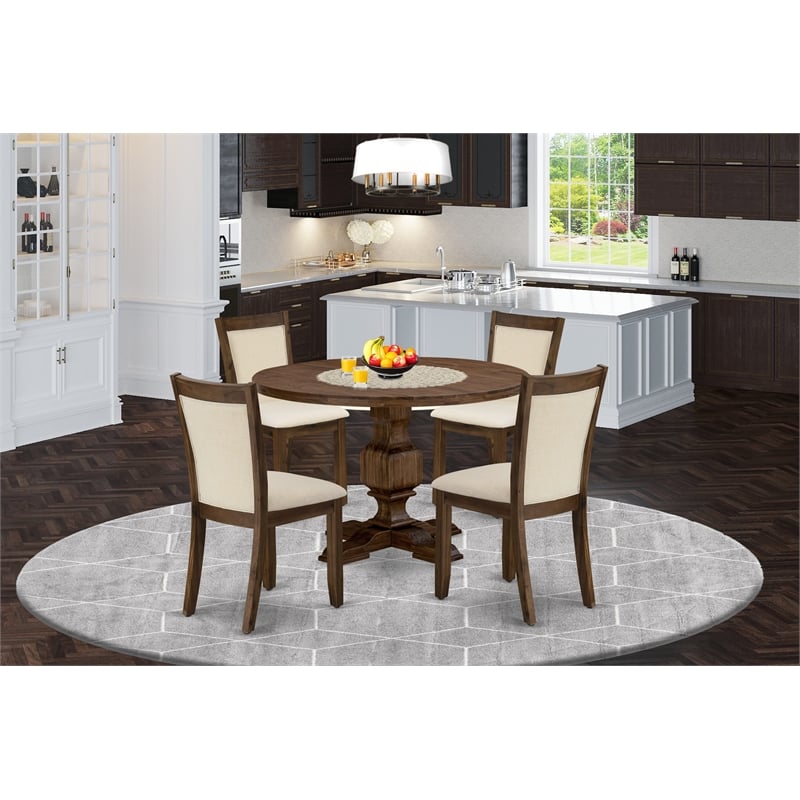 I3MZ5-NN-32 - Table and 4 Light Beige Linen Fabric Chairs - Antique Walnut Base