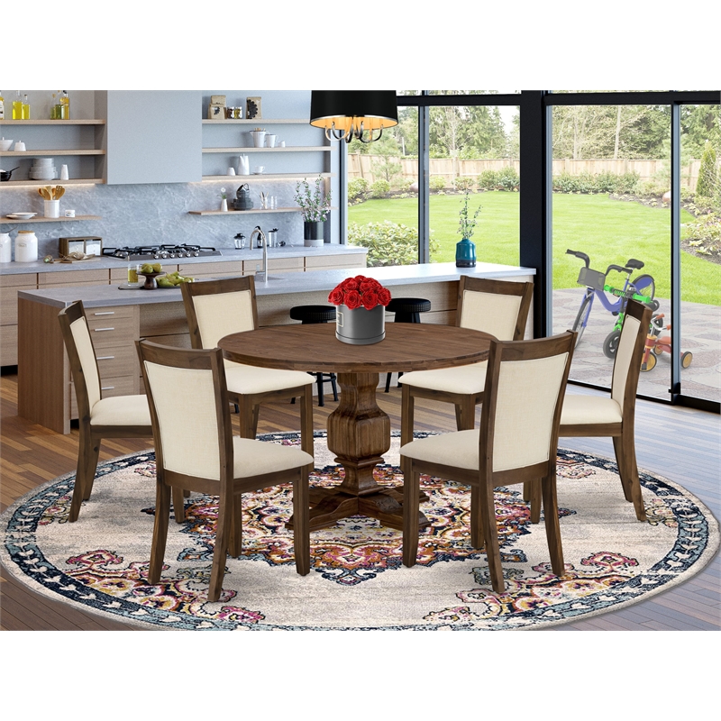 East West Furniture 7PC Dining Set in Light Beige Linen Fabric/Antique Walnut