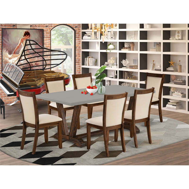 V797MZN32-7 - Wood Table and 6 Light Beige Chairs - Distressed Jacobean Finish