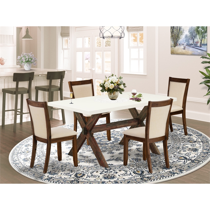 East West Furniture Dining Table and 4 Light Beige Chairs in Distressed Jacobean
