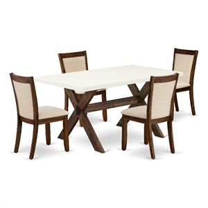 East West Furniture Dining Table and 4 Light Beige Chairs in Distressed Jacobean