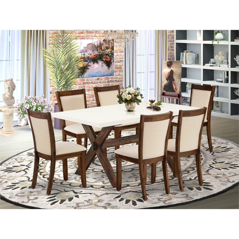 East West Furniture X-Style 7PC Dining Set in Light Beige/Distressed Jacobean