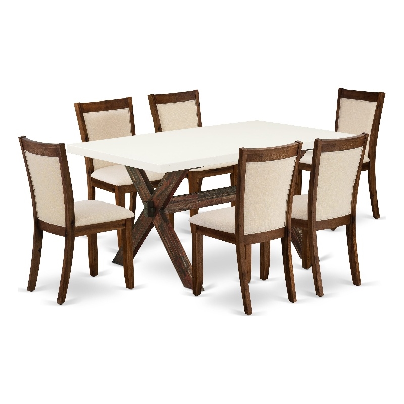 East West Furniture X-Style 7PC Dining Set in Light Beige/Distressed Jacobean