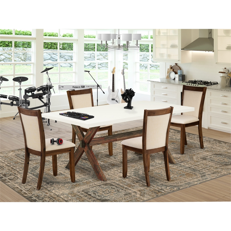 X727MZN32-5 Dining Table and 4 Light Beige Chairs - Distressed Jacobean Finish