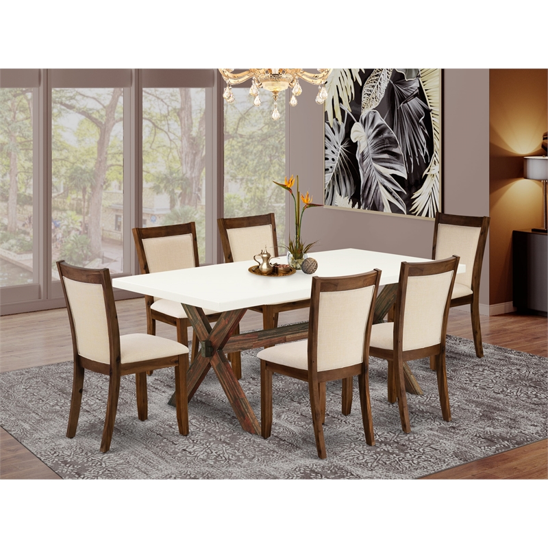 X727MZN32-7 Dining Table and 6 Light Beige Chairs - Distressed Jacobean Finish