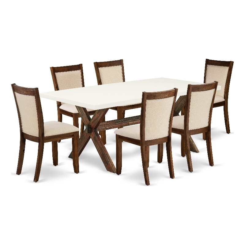 X727MZN32-7 Dining Table and 6 Light Beige Chairs - Distressed Jacobean Finish