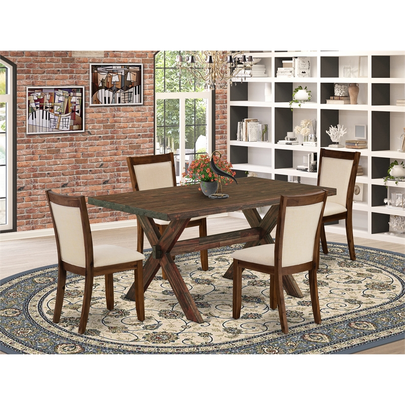 East West Furniture Wooden Table and 4 Light Beige Chairs in Distressed Jacobean