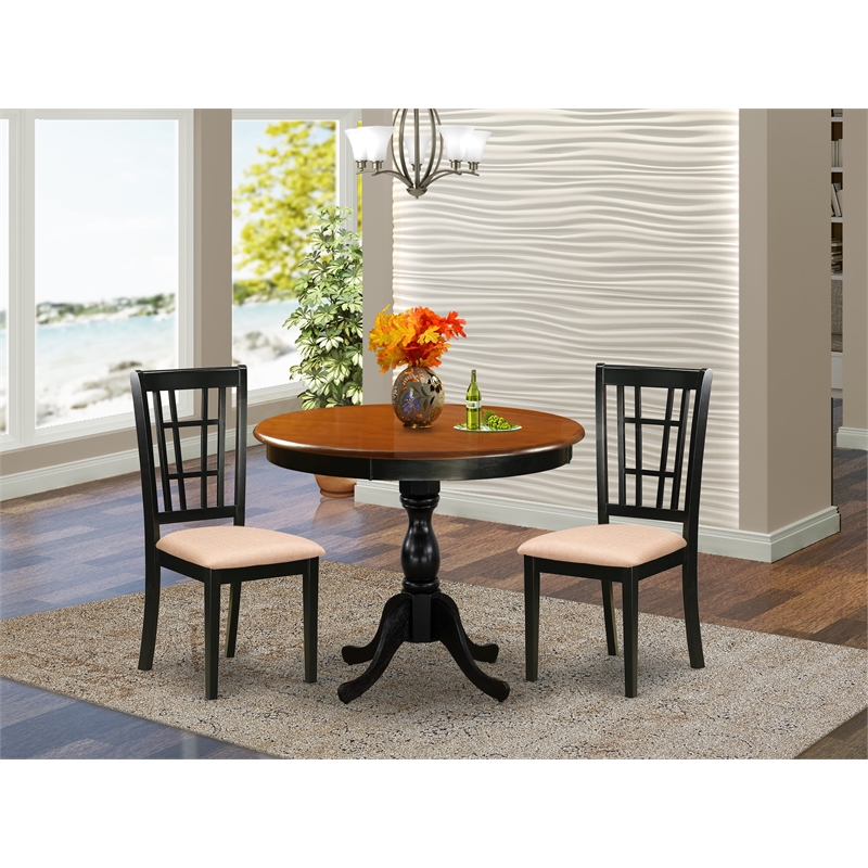 AMNI3-BCH-C - Kitchen Table and 2 Linen Fabric Chairs - Black Finish