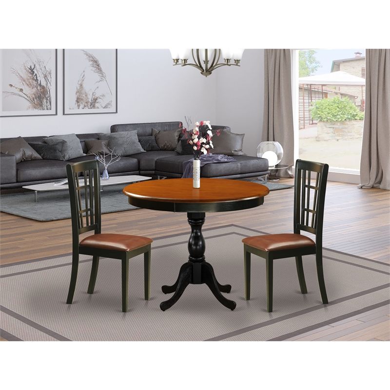 AMNI3-BCH-LC- Dining Table and 2 Kitchen Chairs with Slatted Back- Black Finish