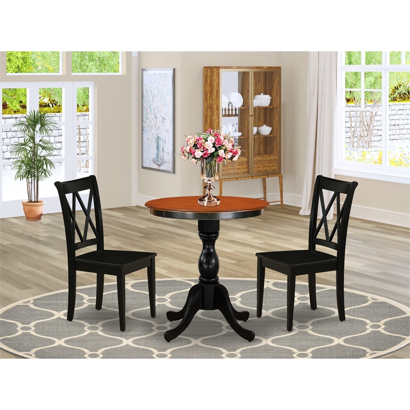 ESCL3-BCH-W- Kitchen Table and 2 Wood Chairs with Double X Back - Black Finish.