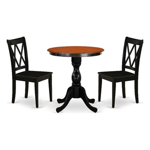 ESCL3-BCH-W- Kitchen Table and 2 Wood Chairs with Double X Back - Black Finish.