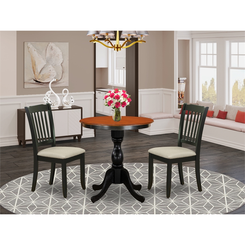 ESDA3-BCH-C- Wood Table and 2  Ladder Back Linen Fabric Chairs- Black Finish