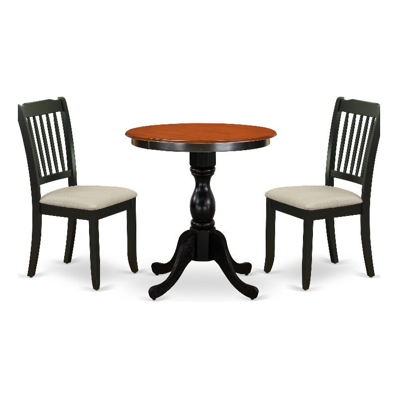ESDA3-BCH-C- Wood Table and 2  Ladder Back Linen Fabric Chairs- Black Finish