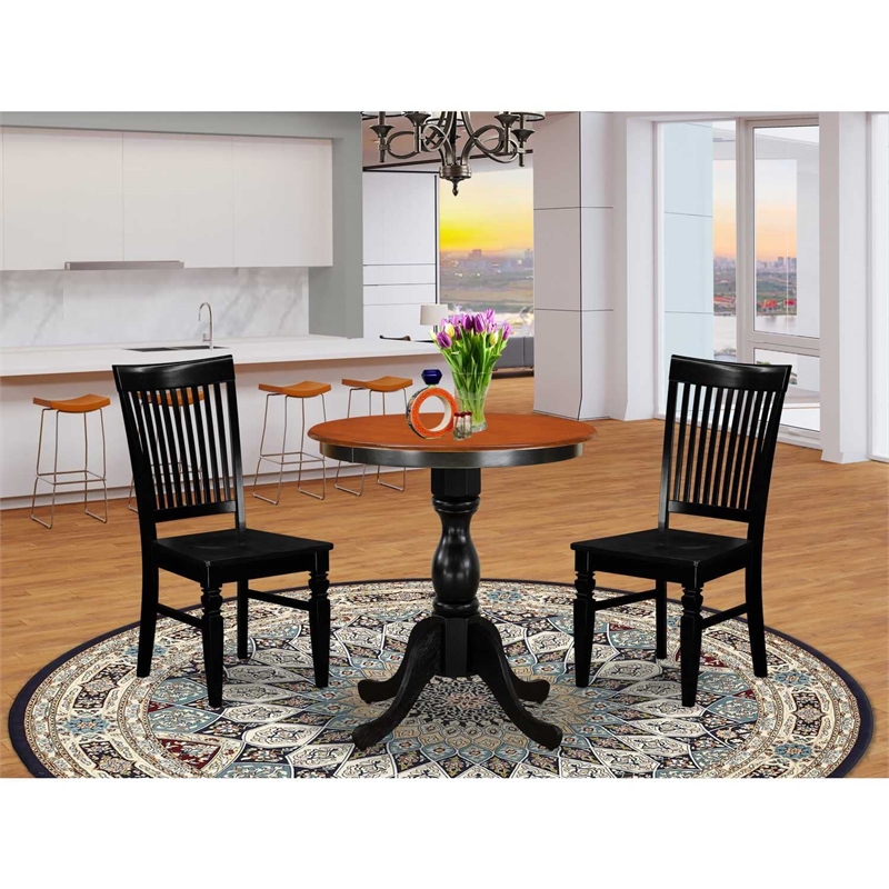 ESNI3-BCH-C- Wood Table and 2  Slatted Back Linen Fabric Chairs - Black Finish