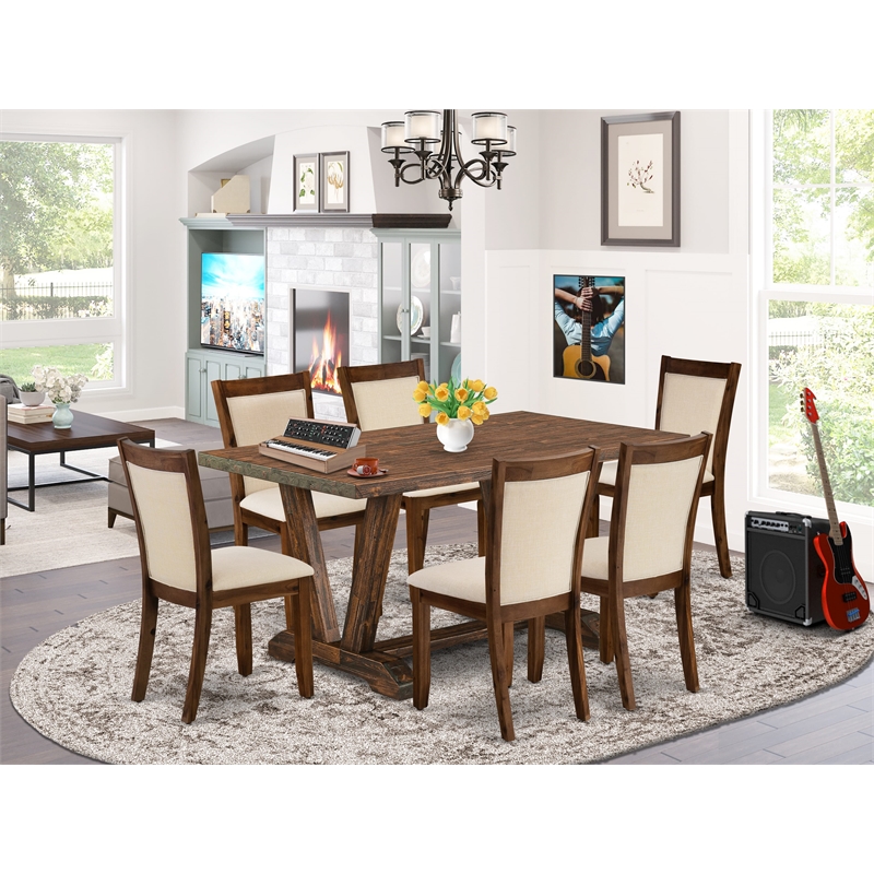 East West Furniture V-Style 7PC Dining Set in Light Beige/Distressed Jacobean