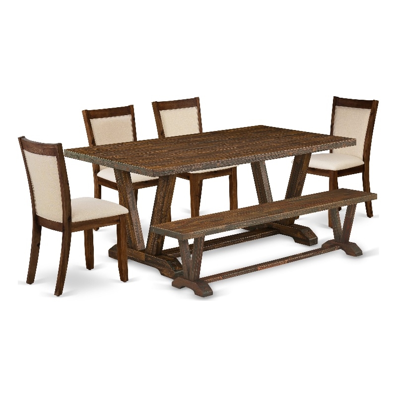 V777MZN32-6 - Wood Table and 4 Light Beige Chairs - Distressed Jacobean Finish