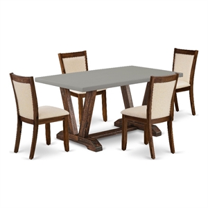 East West Furniture Dining Table and 4 Light Beige Chairs in Distressed Jacobean