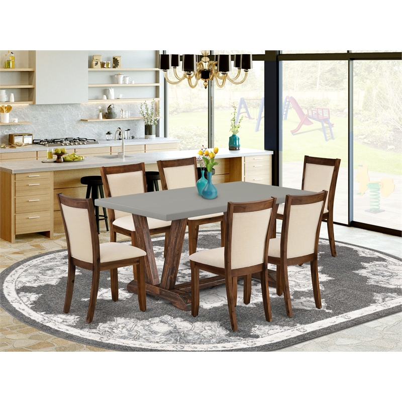 East West Furniture V-Style 7PC Dining Set in Light Beige/Distressed Jacobean