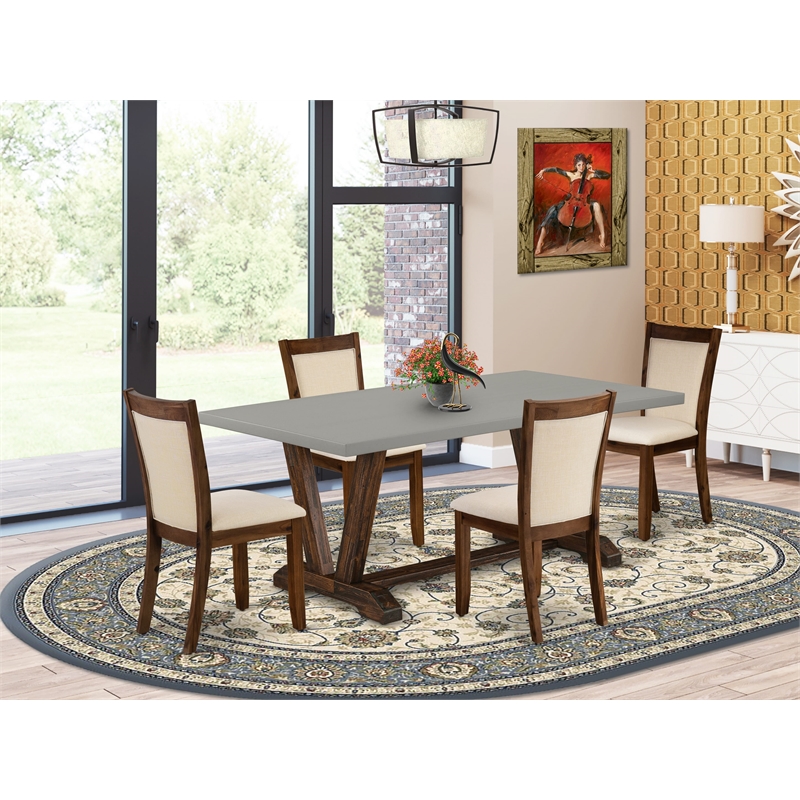V797MZN32-5 Dining Table and 4 Light Beige Chairs - Distressed Jacobean Finish