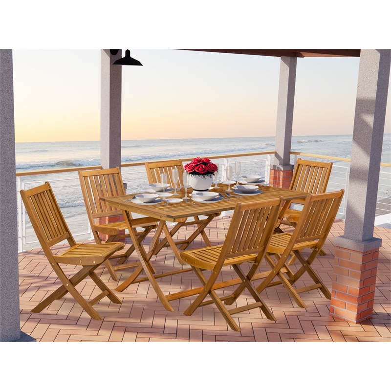 AEDK7CWNA - Patio Table with 6 Folding Patio Chair- Natural Oil Finish