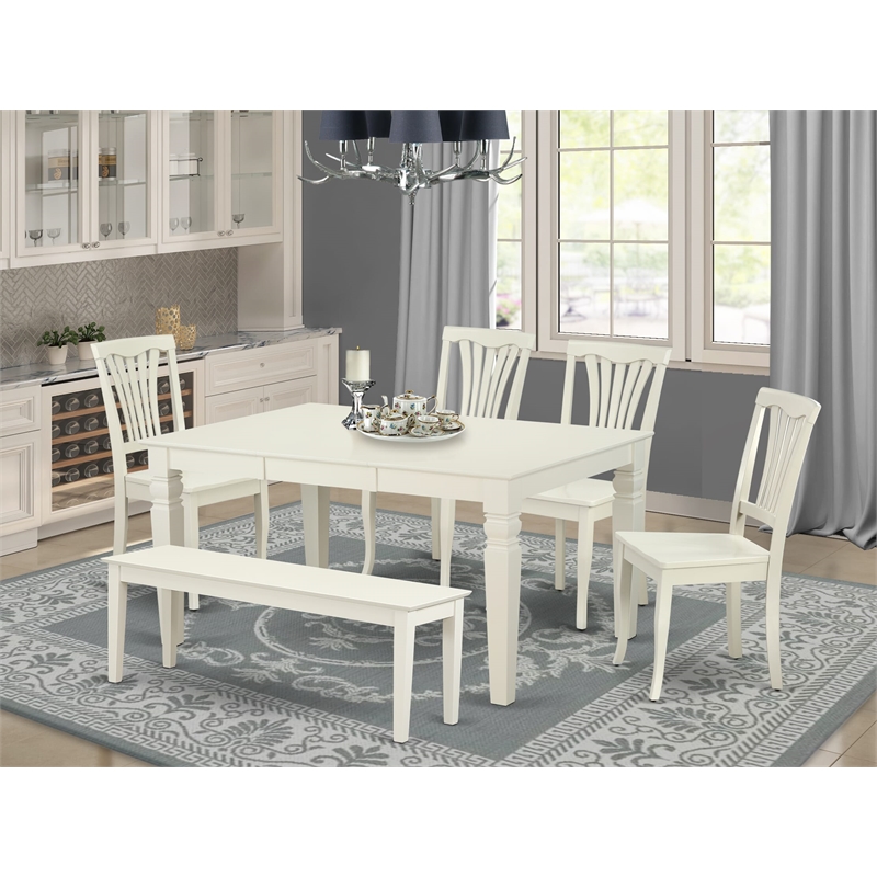 East West Furniture Dining Table and 4 Wooden Chair in 1 Bench in Linen White